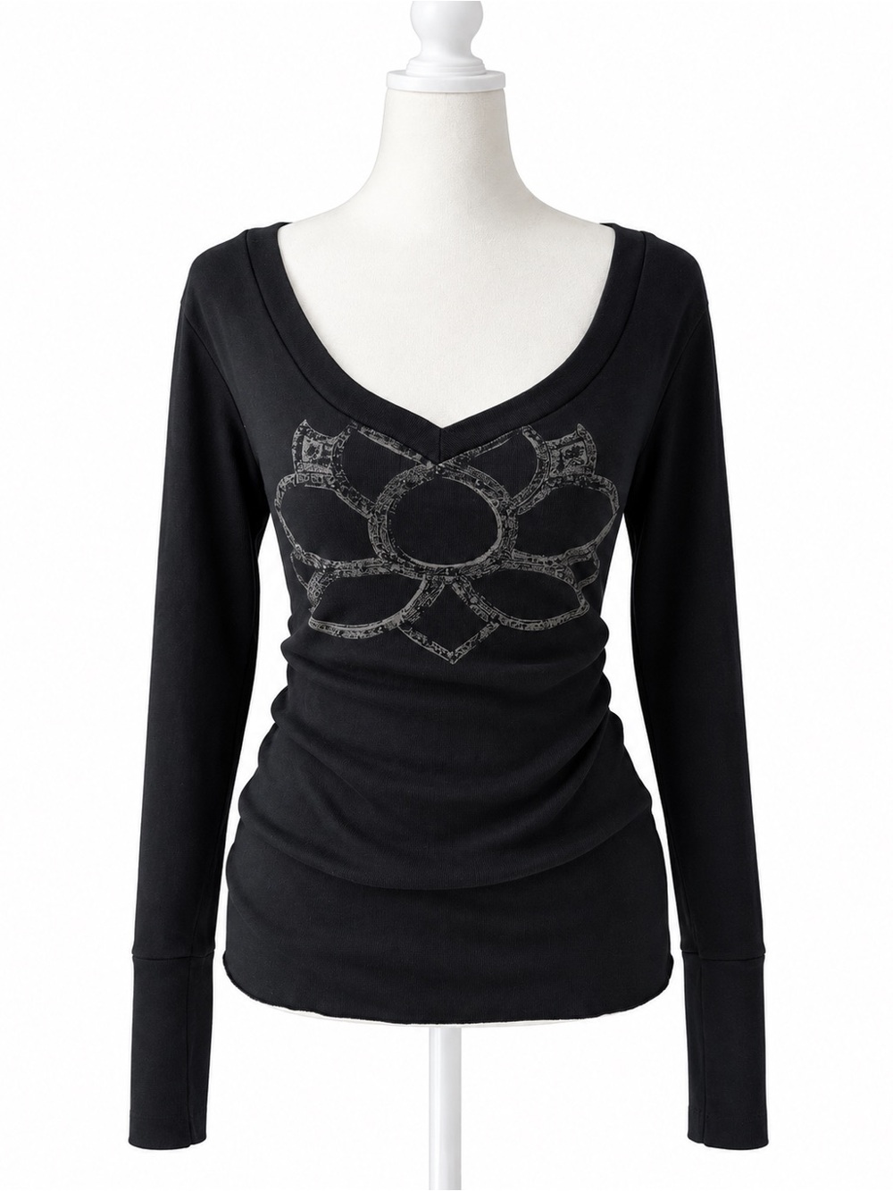 Women’s Black Long-Sleeve V-Neck Top with Lotus Motif